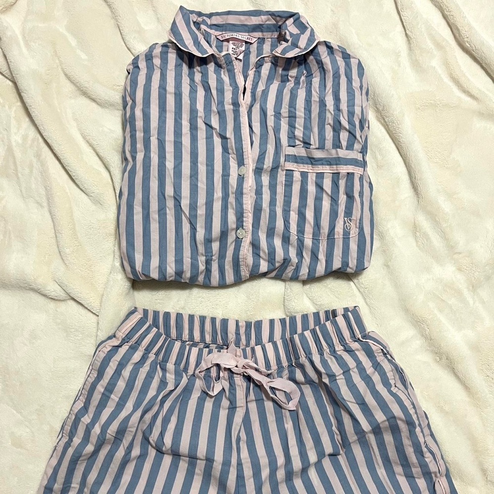 victoria’s secret striped pink & blue long sleeve flannel pants pajama set